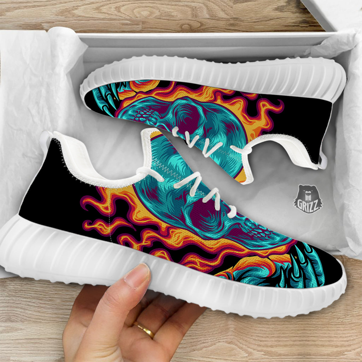 Skull Burning Print White Walking Shoes-grizzshop