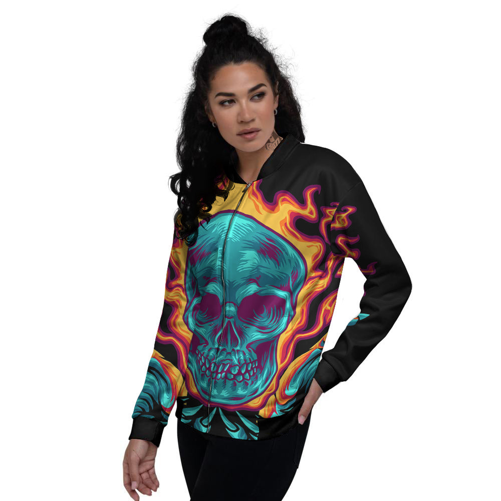 Skull Burning Print Women's Bomber Jacket-grizzshop