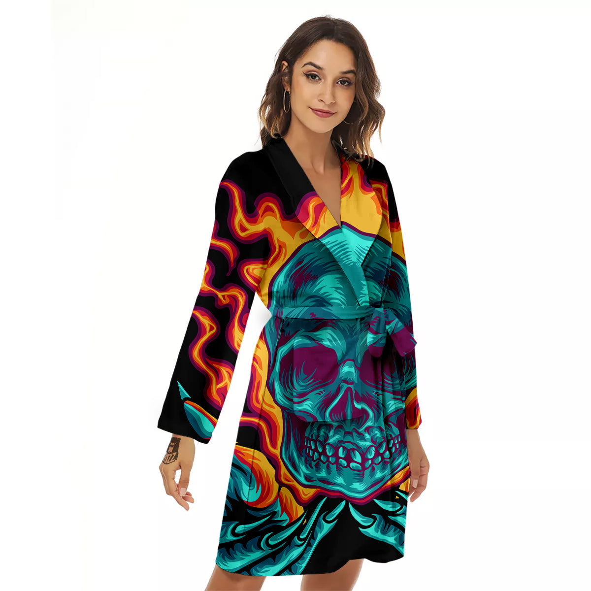 Skull Burning Print Women's Robe-grizzshop
