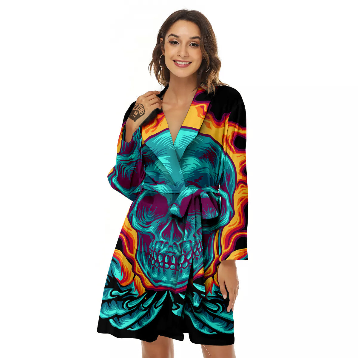Skull Burning Print Women's Robe-grizzshop