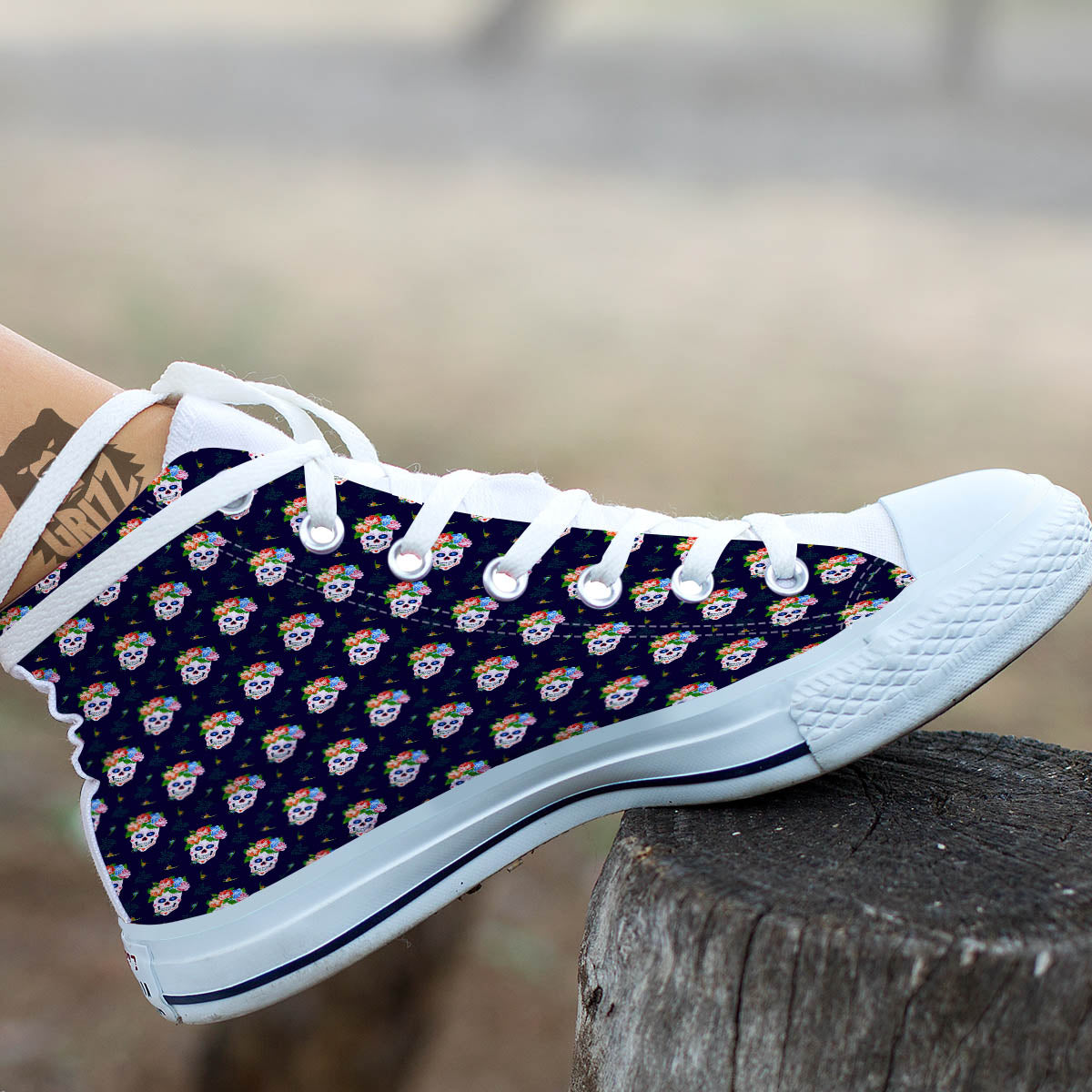 Skull Calavera Girl Print Pattern White High Top Shoes-grizzshop