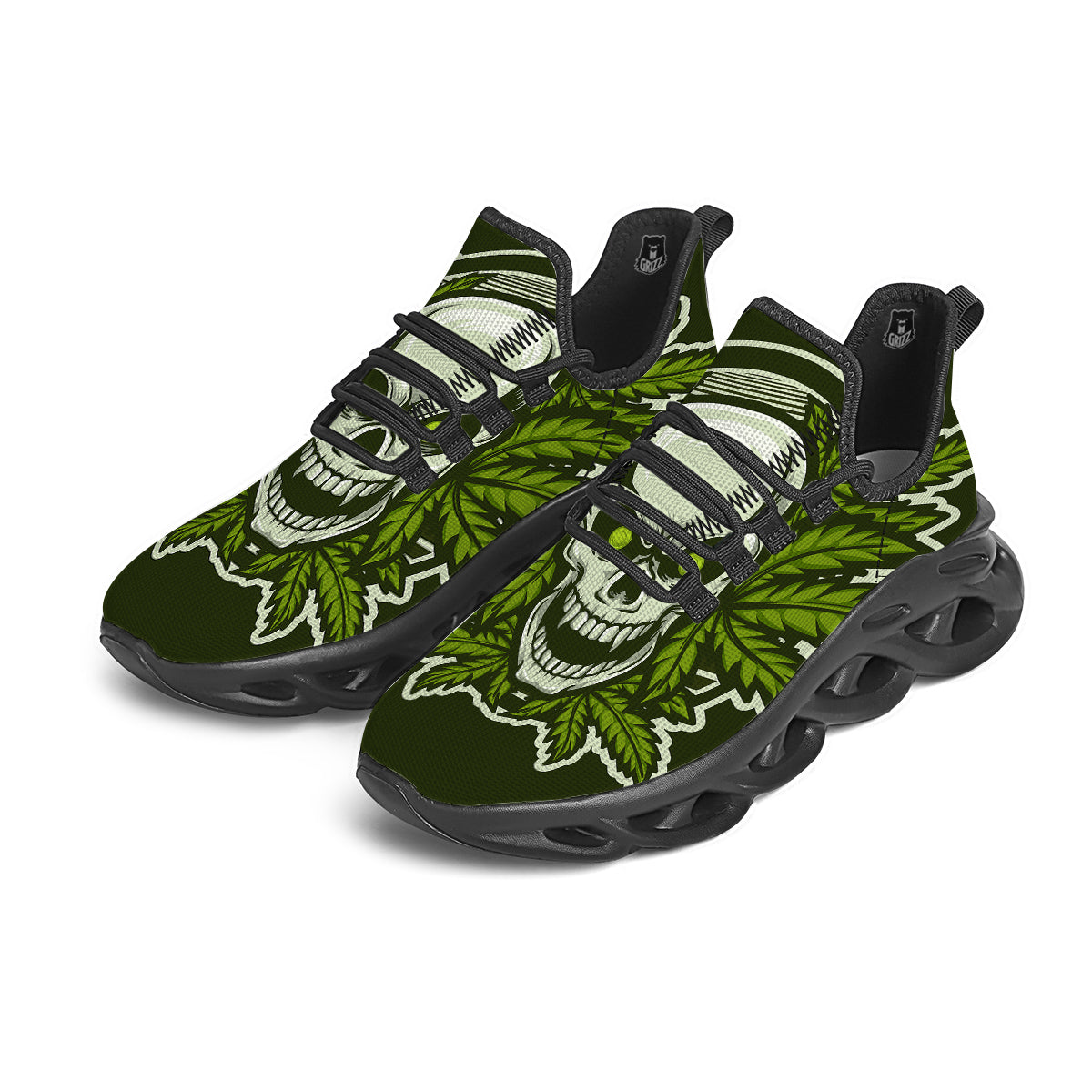 Skull Cannabis Print Black Running Shoes-grizzshop