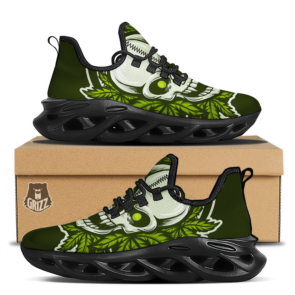 Skull Cannabis Print Black Running Shoes-grizzshop
