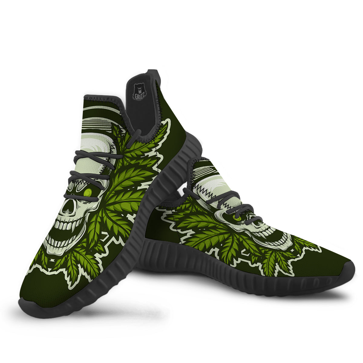 Skull Cannabis Print Black Walking Shoes-grizzshop