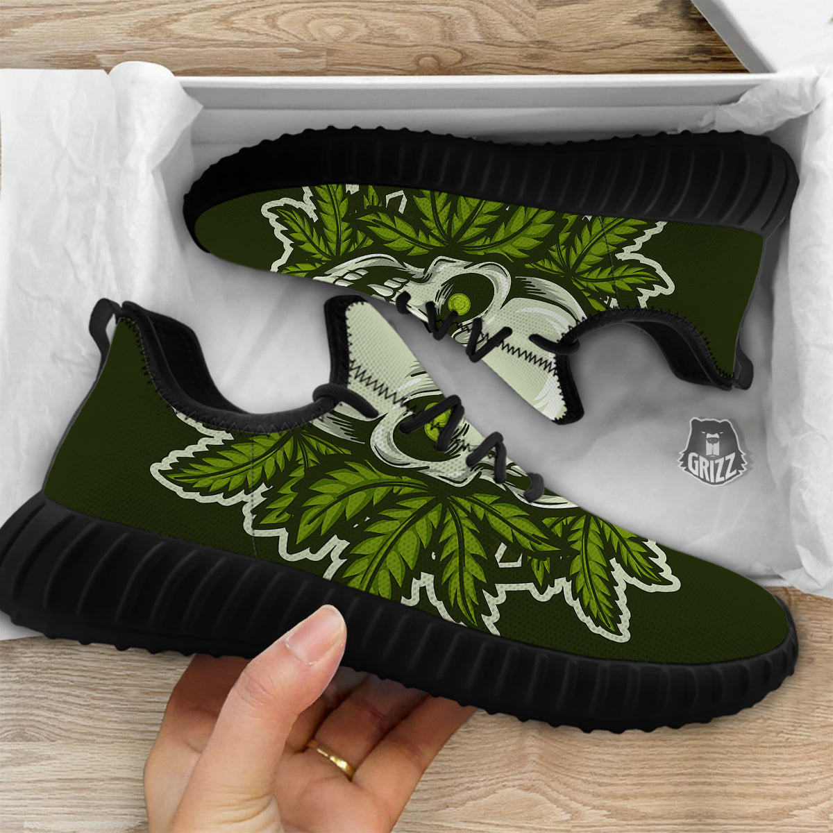 Skull Cannabis Print Black Walking Shoes-grizzshop