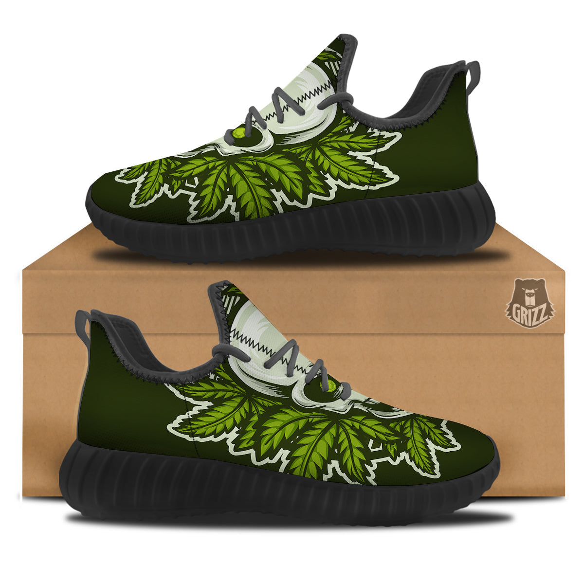 Skull Cannabis Print Black Walking Shoes-grizzshop