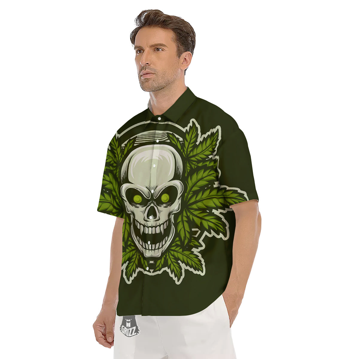 Skull Cannabis Print Men's Short Sleeve Shirts