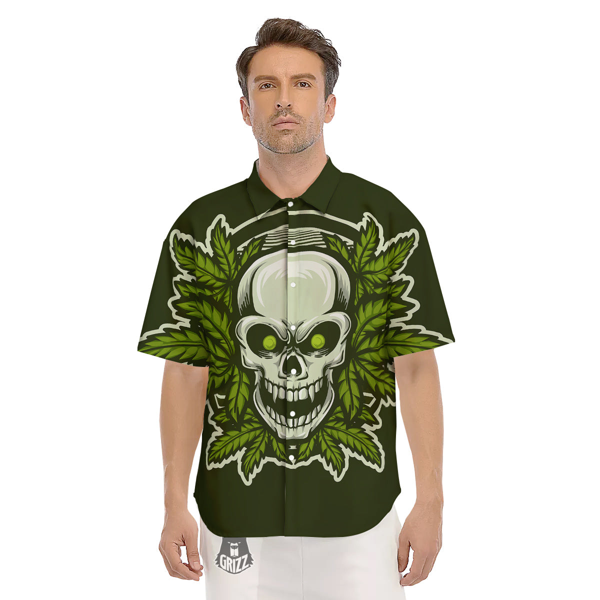 Skull Cannabis Print Men's Short Sleeve Shirts