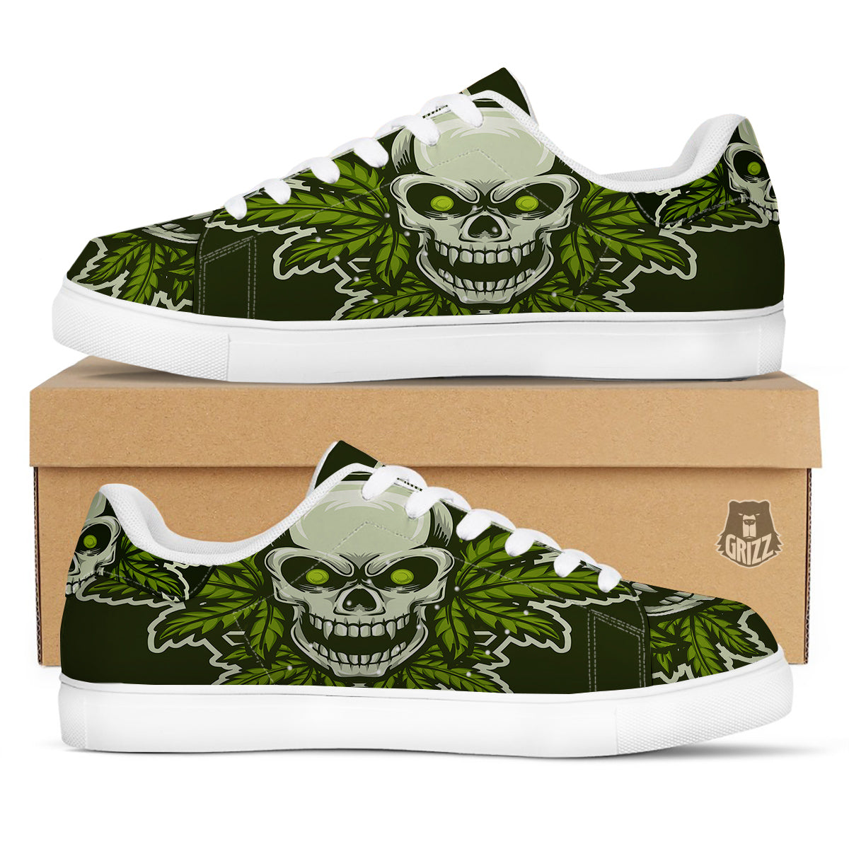 Skull Cannabis Print White Low Top Sneakers-grizzshop