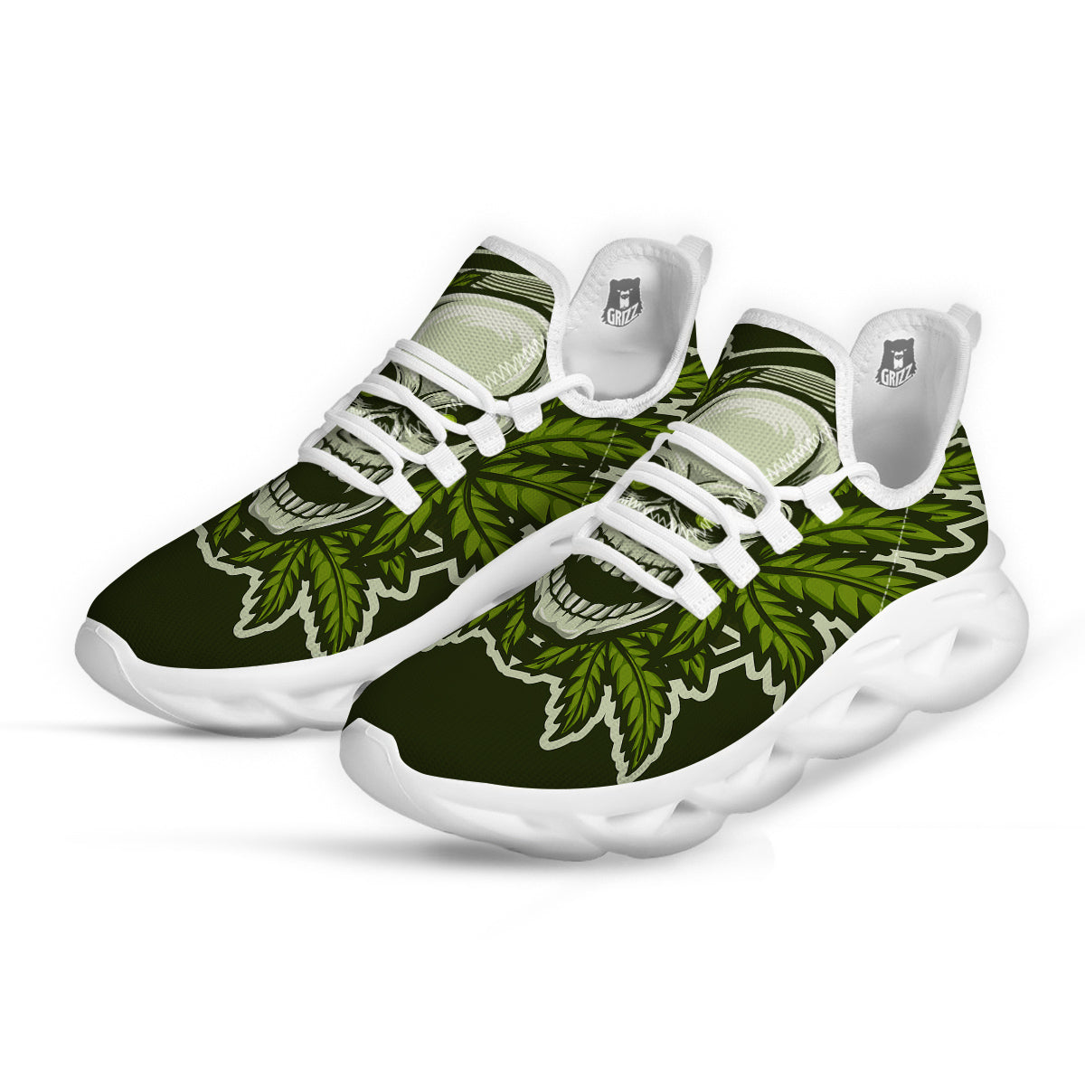 Skull Cannabis Print White Running Shoes-grizzshop