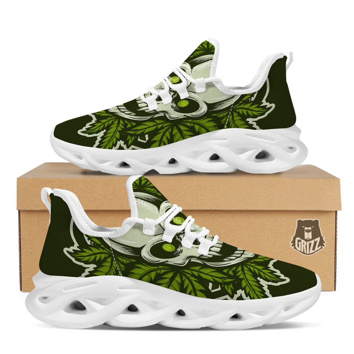 Skull Cannabis Print White Running Shoes-grizzshop