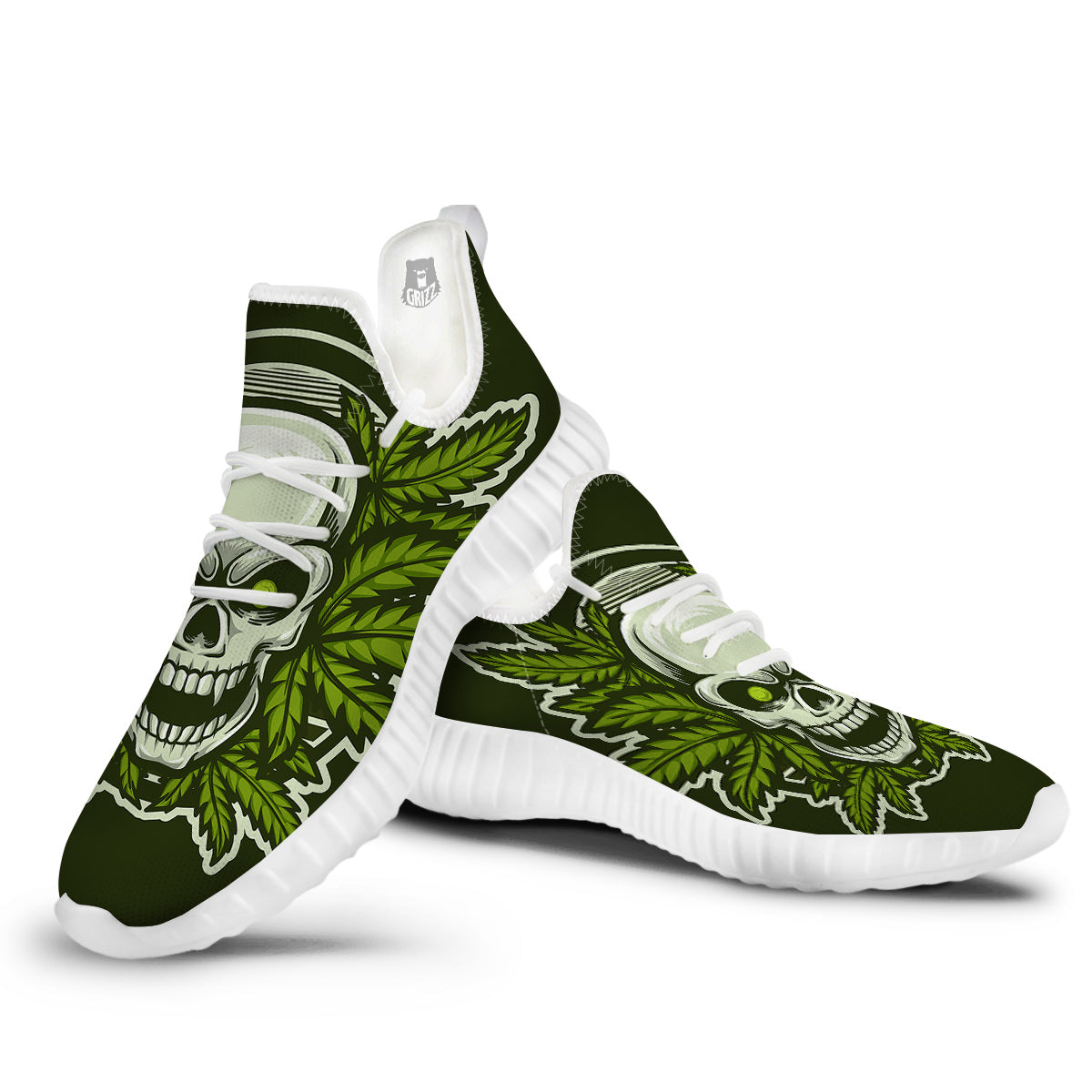 Skull Cannabis Print White Walking Shoes-grizzshop