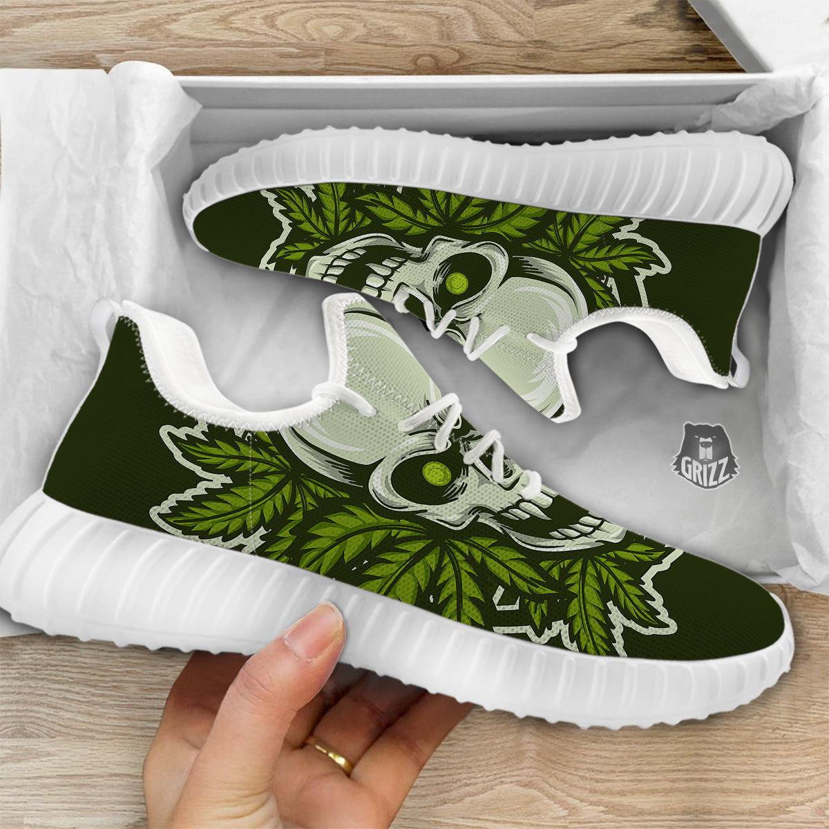Skull Cannabis Print White Walking Shoes-grizzshop