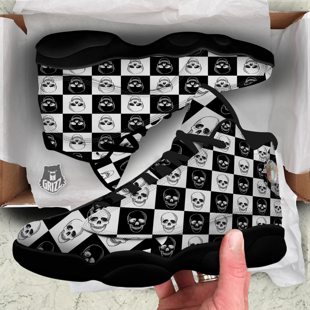 Skull Checkered Print Pattern Black Basketball Shoes-grizzshop