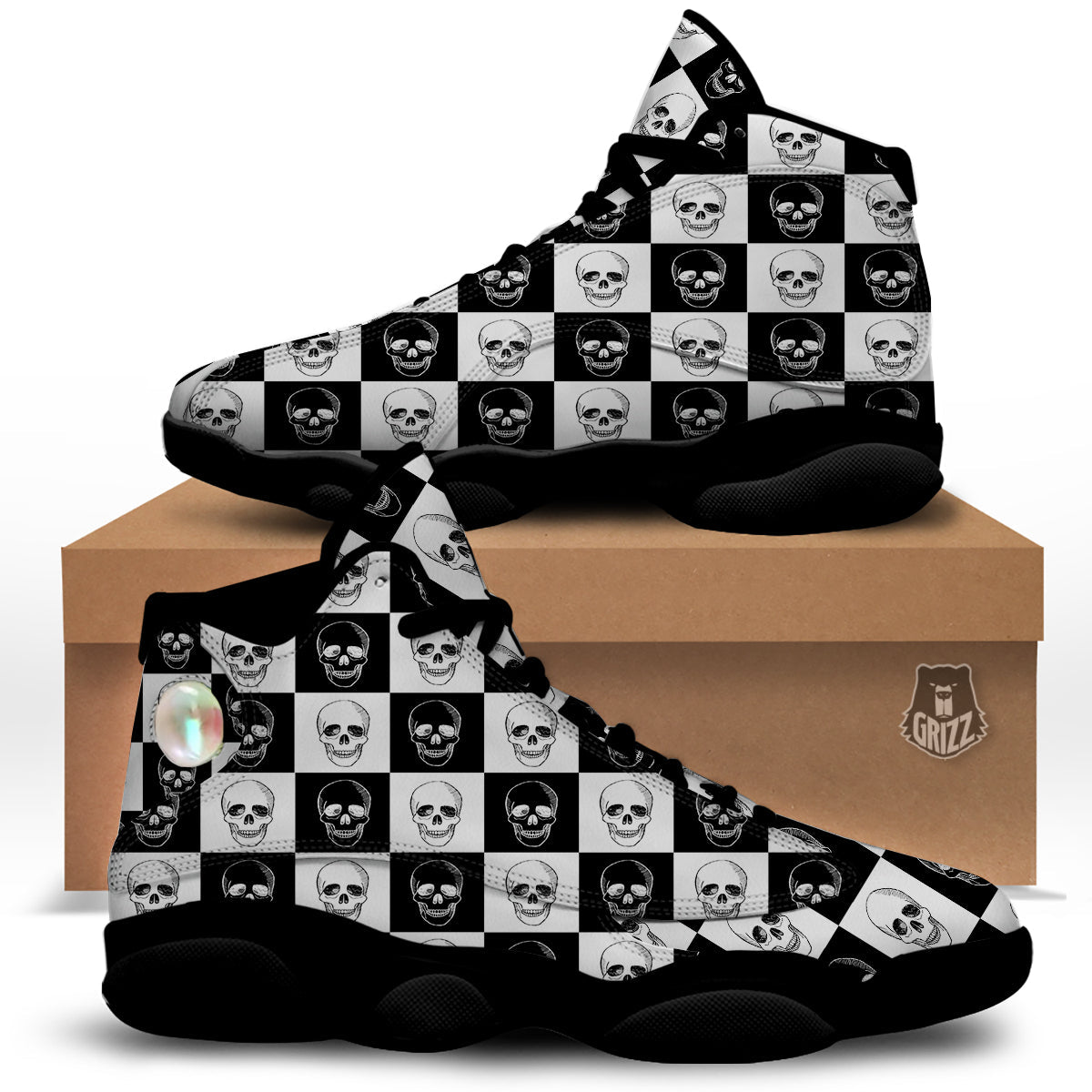 Skull Checkered Print Pattern Black Basketball Shoes-grizzshop