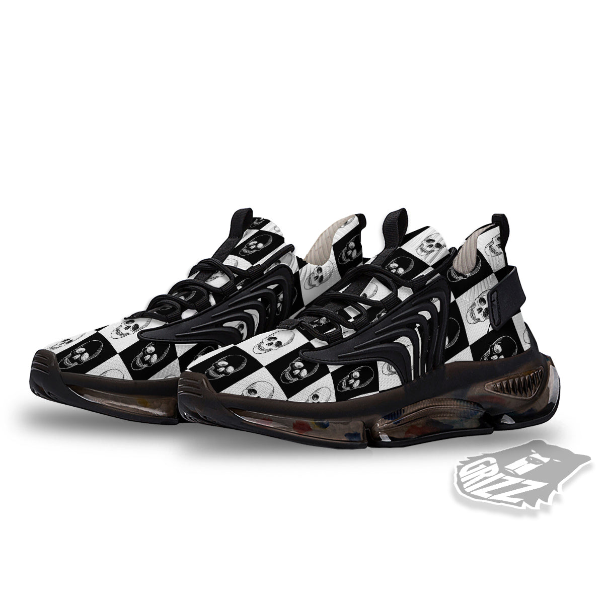 Skull Checkered Print Pattern Black Gym Shoes-grizzshop