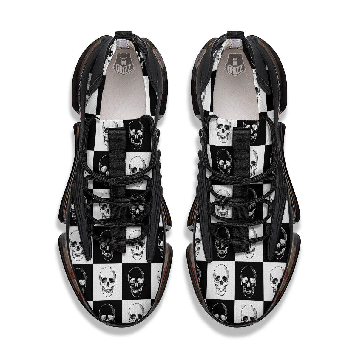 Skull Checkered Print Pattern Black Gym Shoes-grizzshop