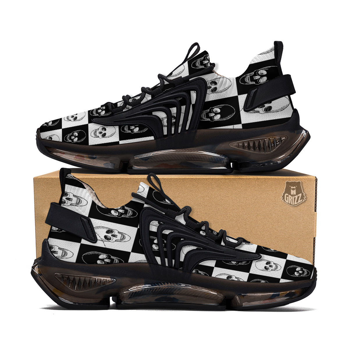 Skull Checkered Print Pattern Black Gym Shoes-grizzshop