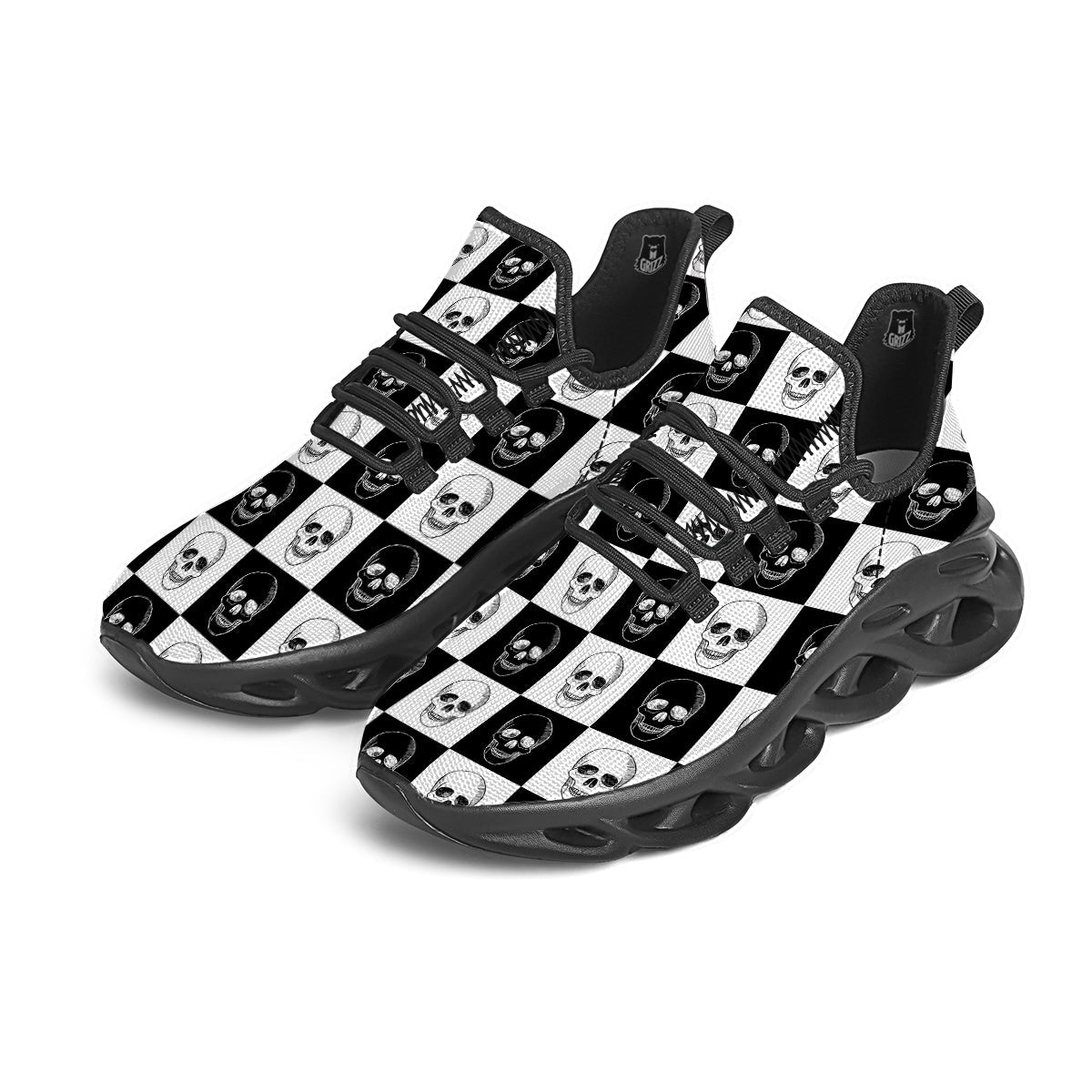 Skull Checkered Print Pattern Black Running Shoes-grizzshop