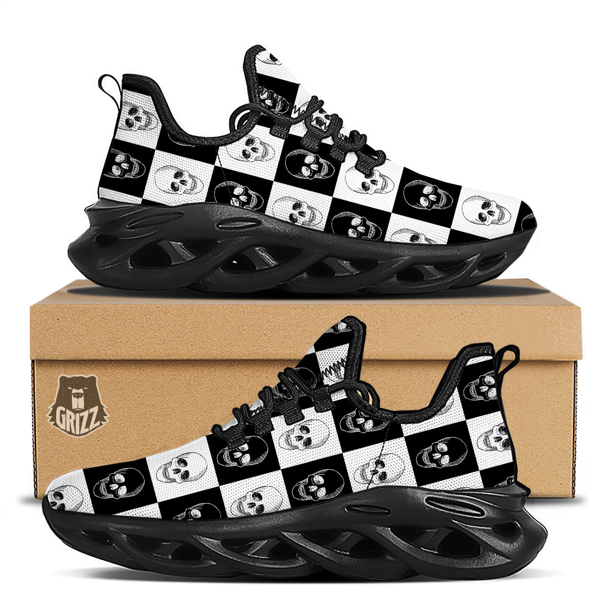 Skull Checkered Print Pattern Black Running Shoes-grizzshop