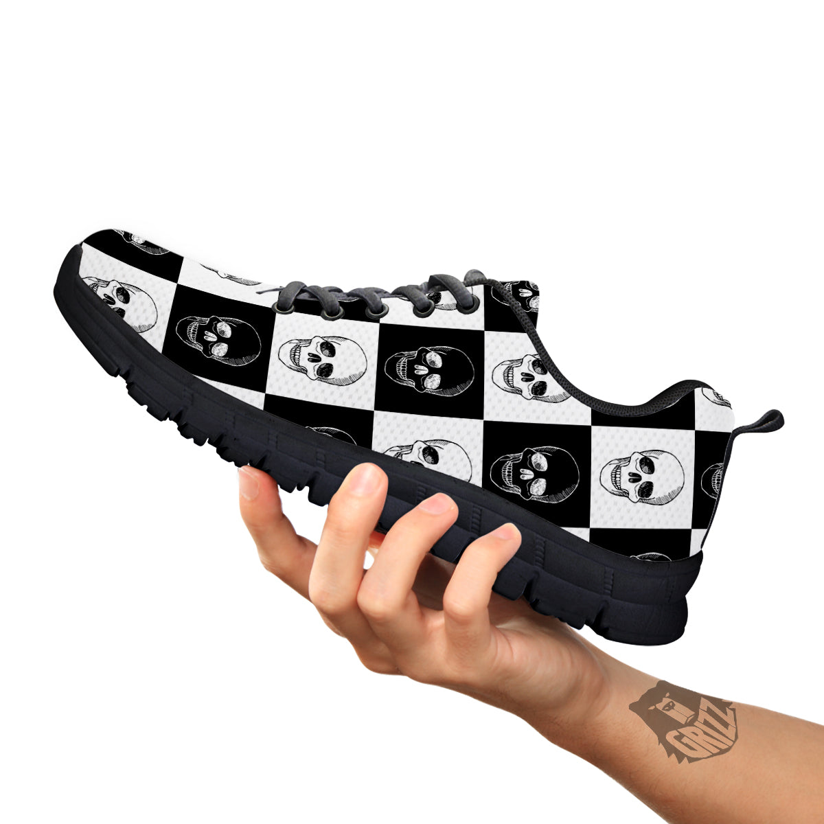 Skull Checkered Print Pattern Black Sneaker-grizzshop