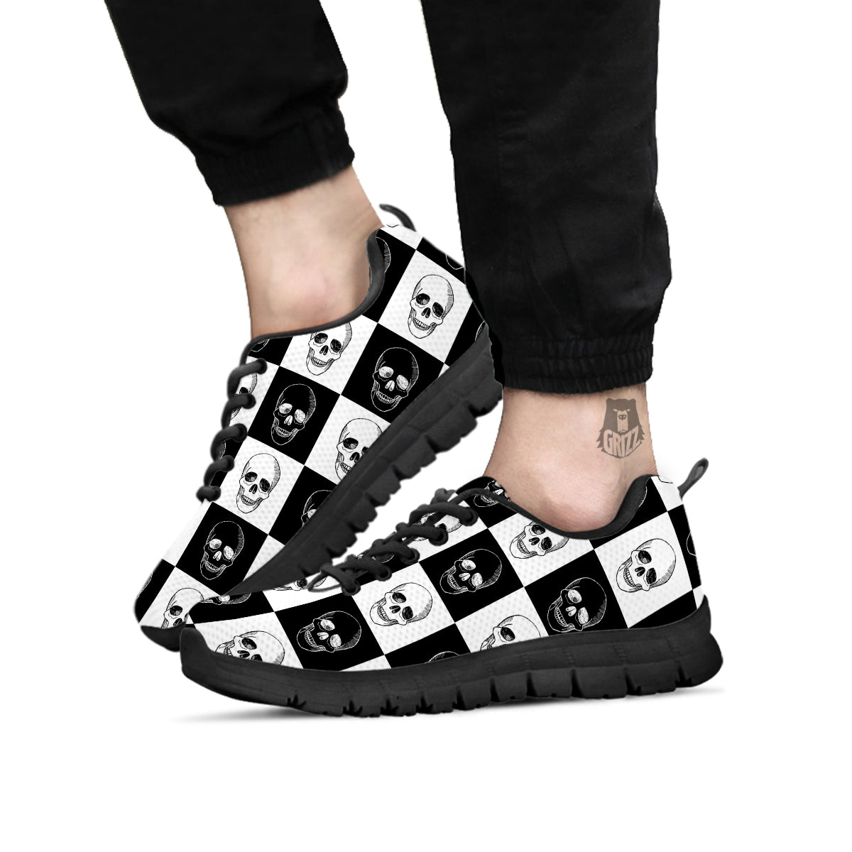 Skull Checkered Print Pattern Black Sneaker-grizzshop