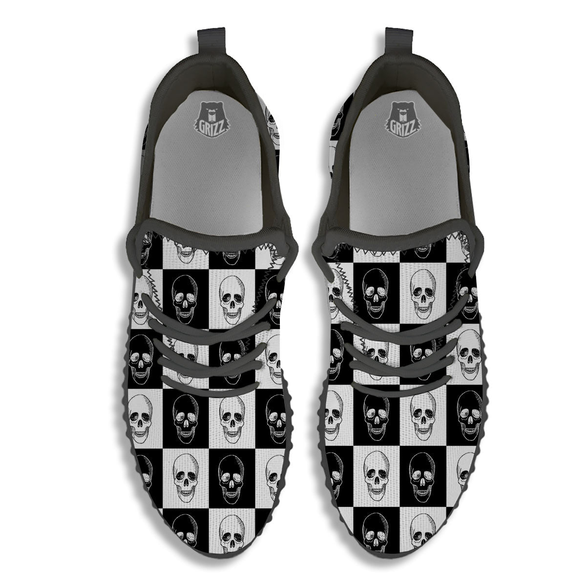 Skull Checkered Print Pattern Black Walking Shoes-grizzshop
