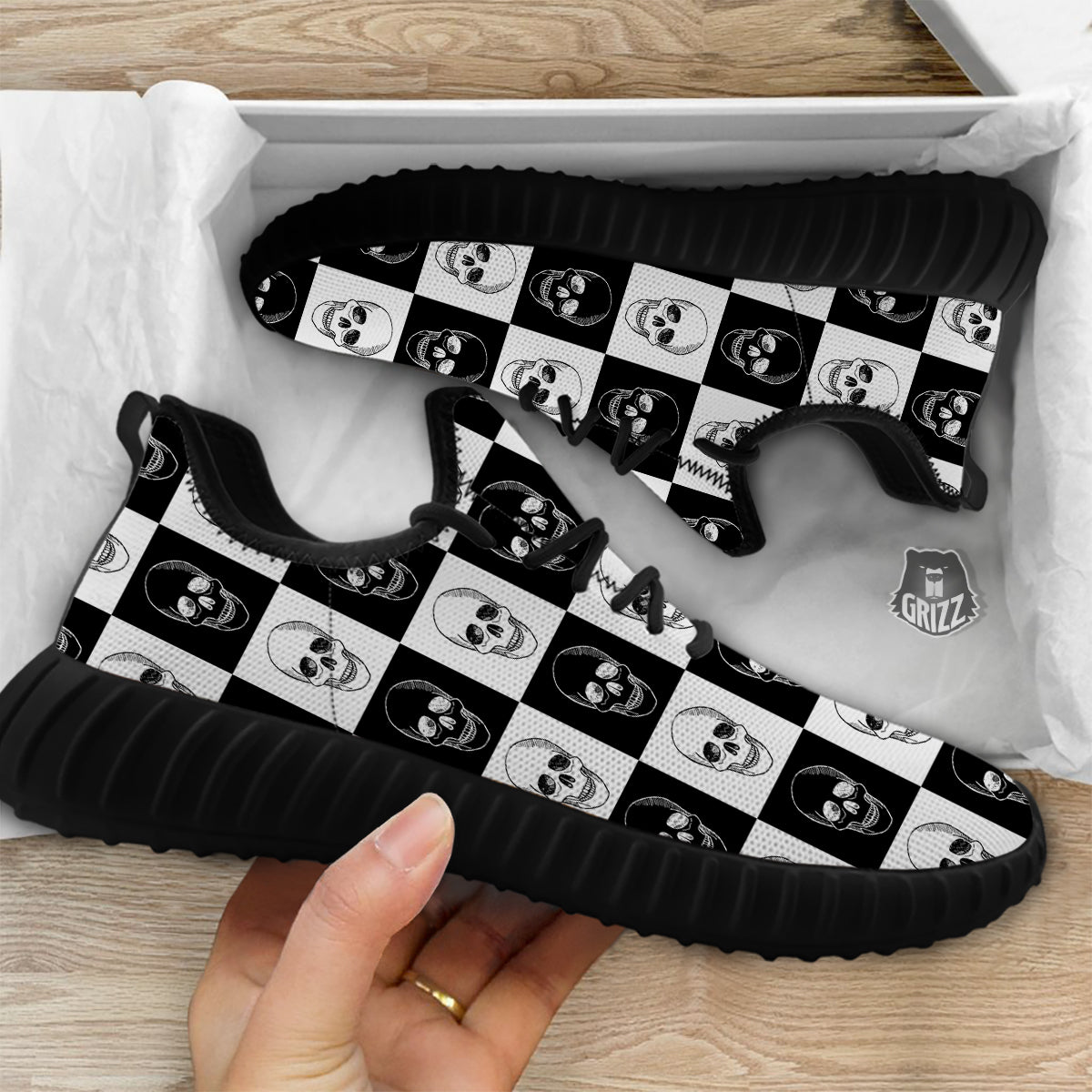 Skull Checkered Print Pattern Black Walking Shoes-grizzshop