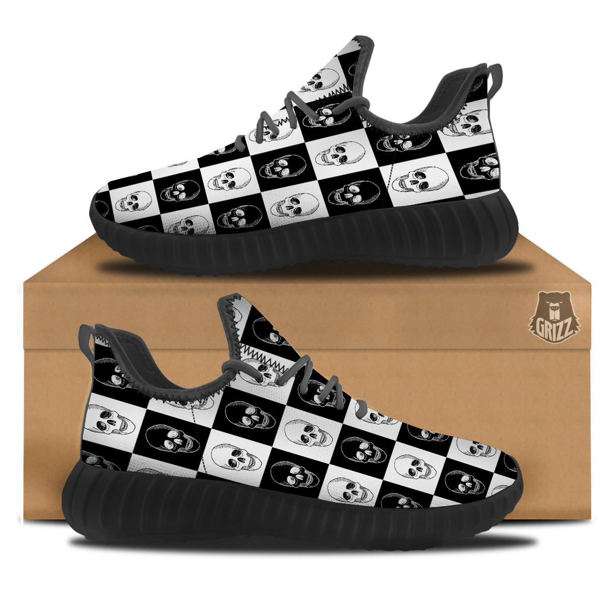 Skull Checkered Print Pattern Black Walking Shoes-grizzshop
