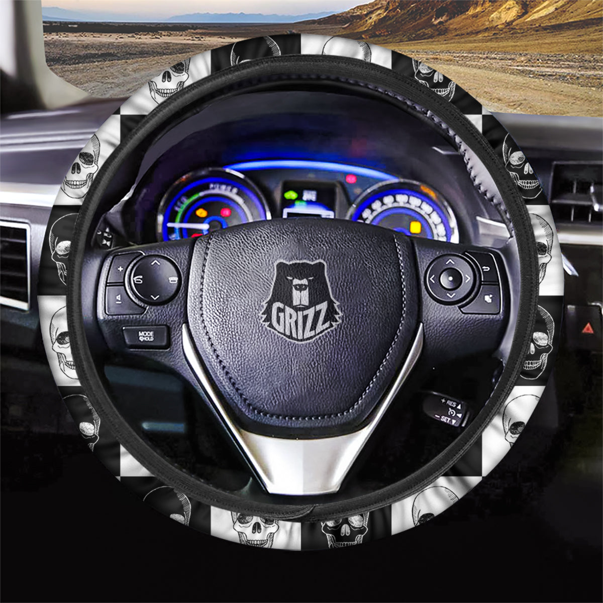 Skull Checkered Print Pattern Car Steering Wheel Cover-grizzshop