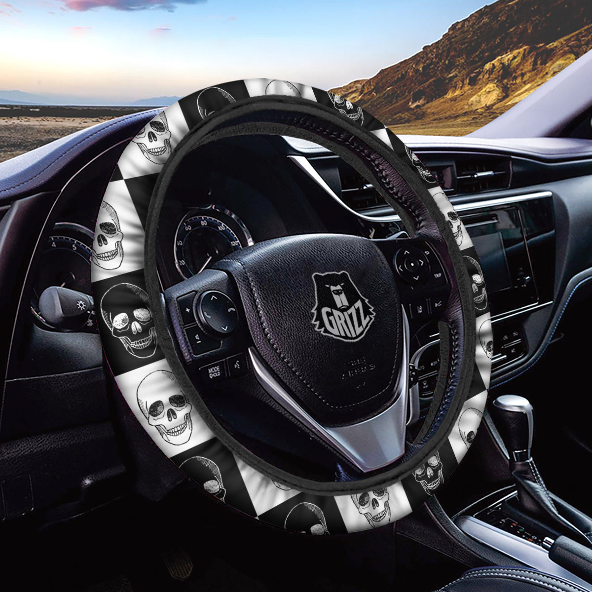 Skull Checkered Print Pattern Car Steering Wheel Cover-grizzshop