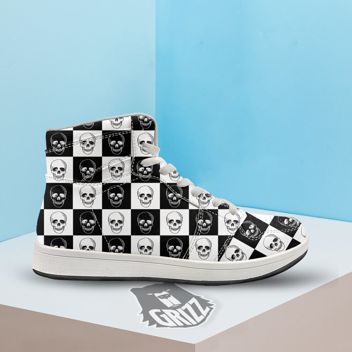Skull Checkered Print Pattern High Top Sneakers-grizzshop