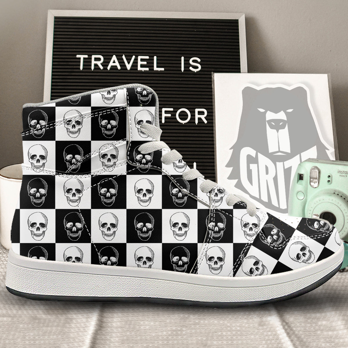 Skull Checkered Print Pattern High Top Sneakers-grizzshop