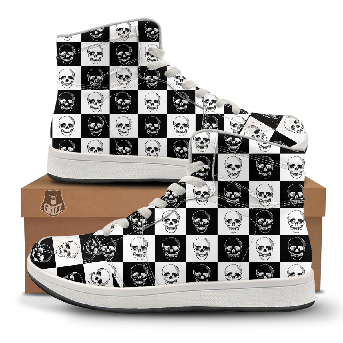 Skull Checkered Print Pattern High Top Sneakers-grizzshop