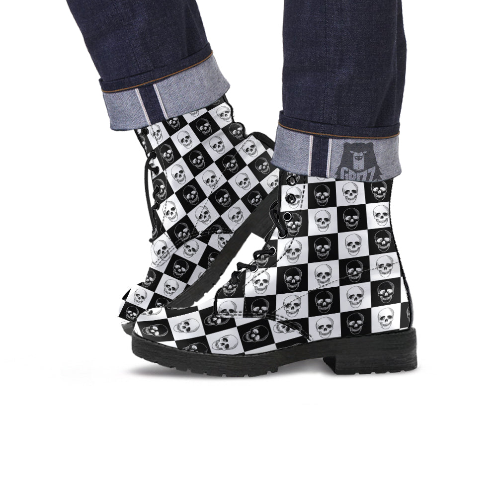 Skull Checkered Print Pattern Leather Boots-grizzshop