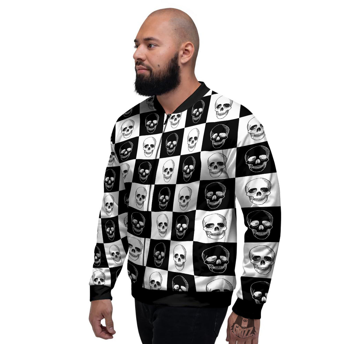 Skull Checkered Print Pattern Men's Bomber Jacket-grizzshop