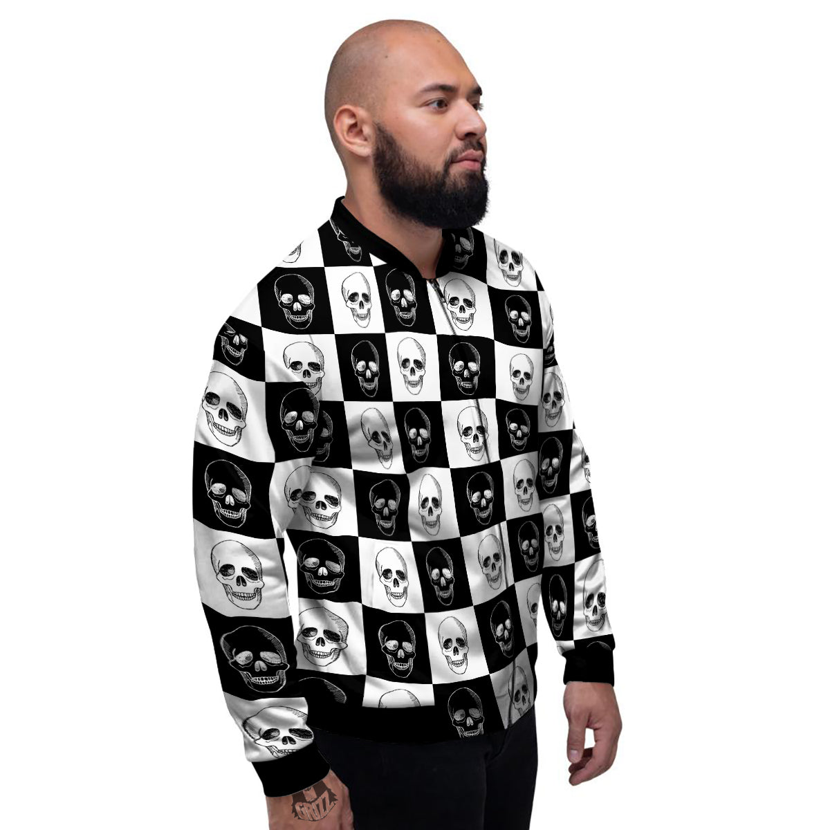 Skull Checkered Print Pattern Men's Bomber Jacket-grizzshop