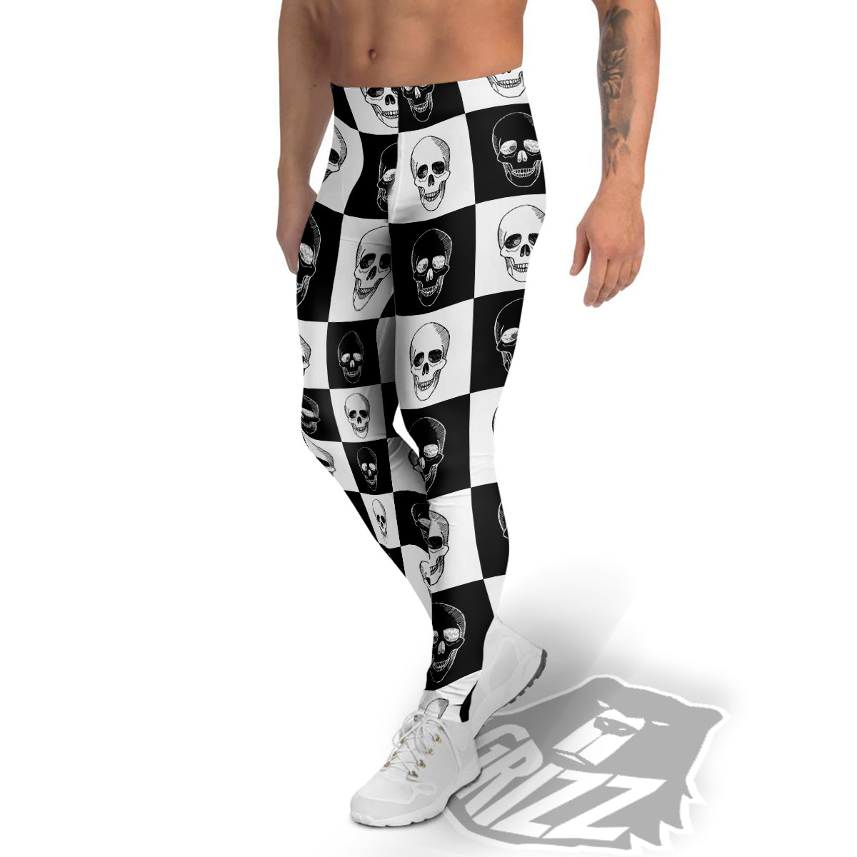 Skull Checkered Print Pattern Men's Leggings-grizzshop