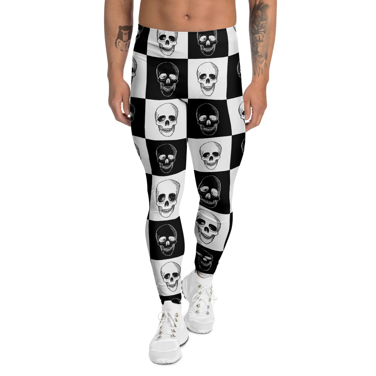 Skull Checkered Print Pattern Men's Leggings-grizzshop