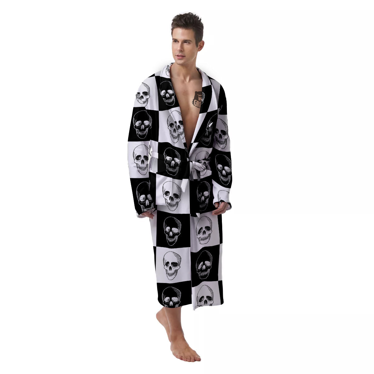 Skull Checkered Print Pattern Men's Robe-grizzshop