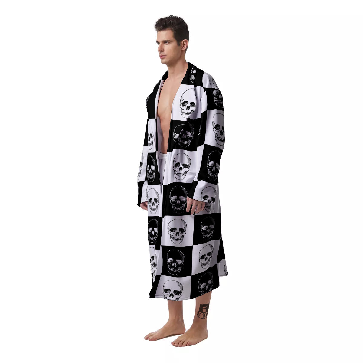 Skull Checkered Print Pattern Men's Robe-grizzshop