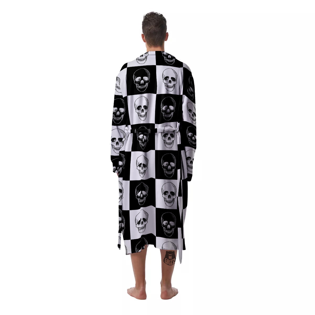 Skull Checkered Print Pattern Men's Robe-grizzshop