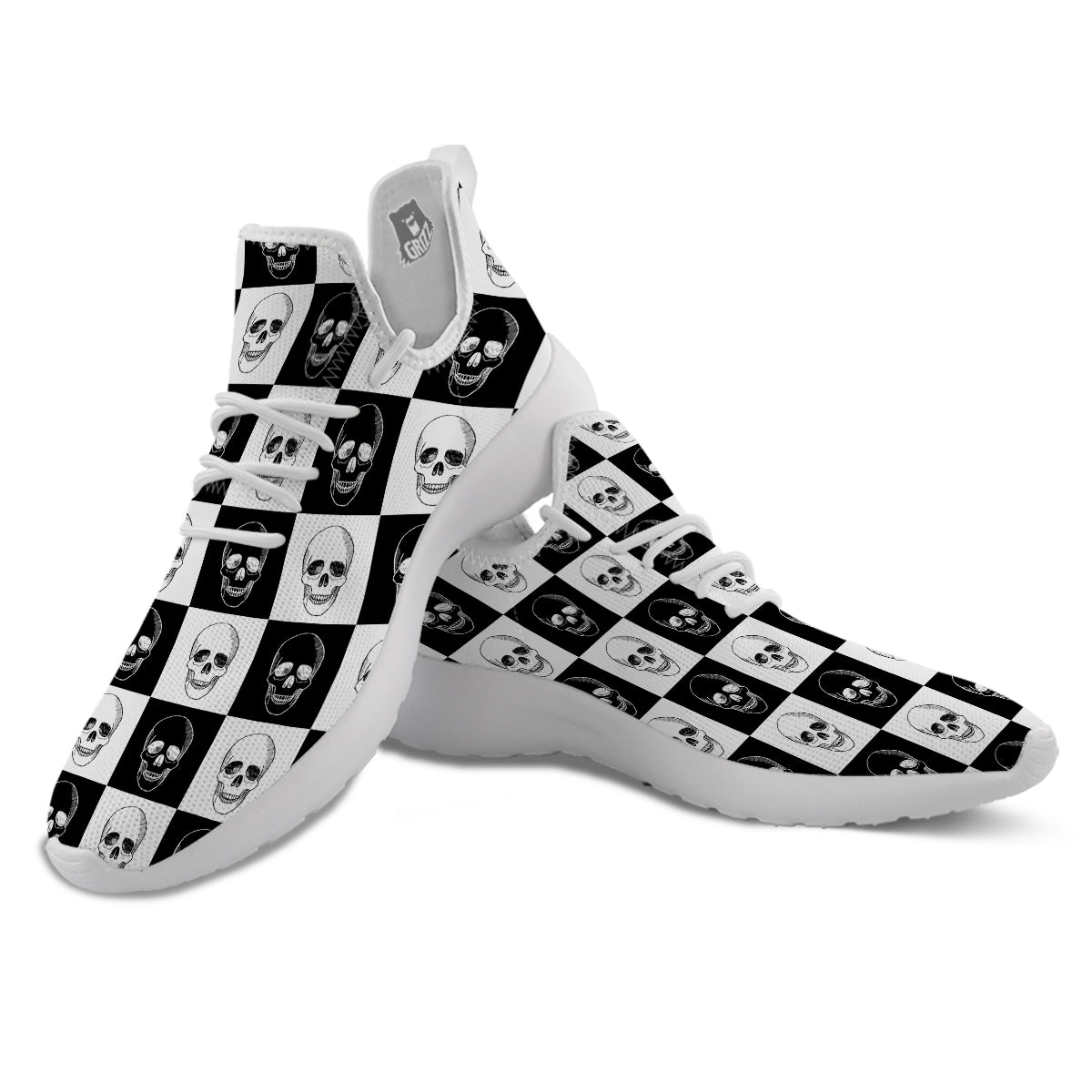 Skull Checkered Print Pattern White Athletic Shoes-grizzshop