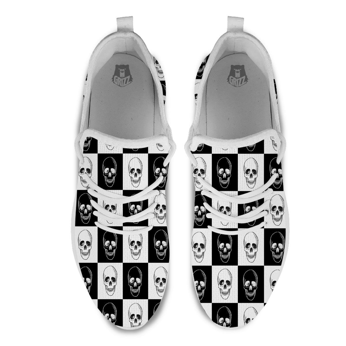 Skull Checkered Print Pattern White Athletic Shoes-grizzshop