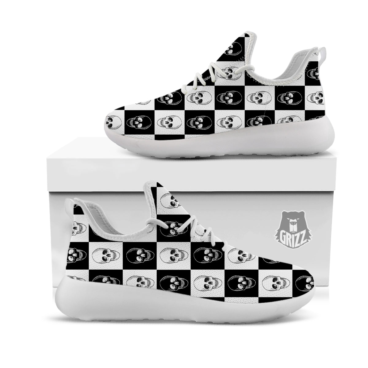 Skull Checkered Print Pattern White Athletic Shoes-grizzshop