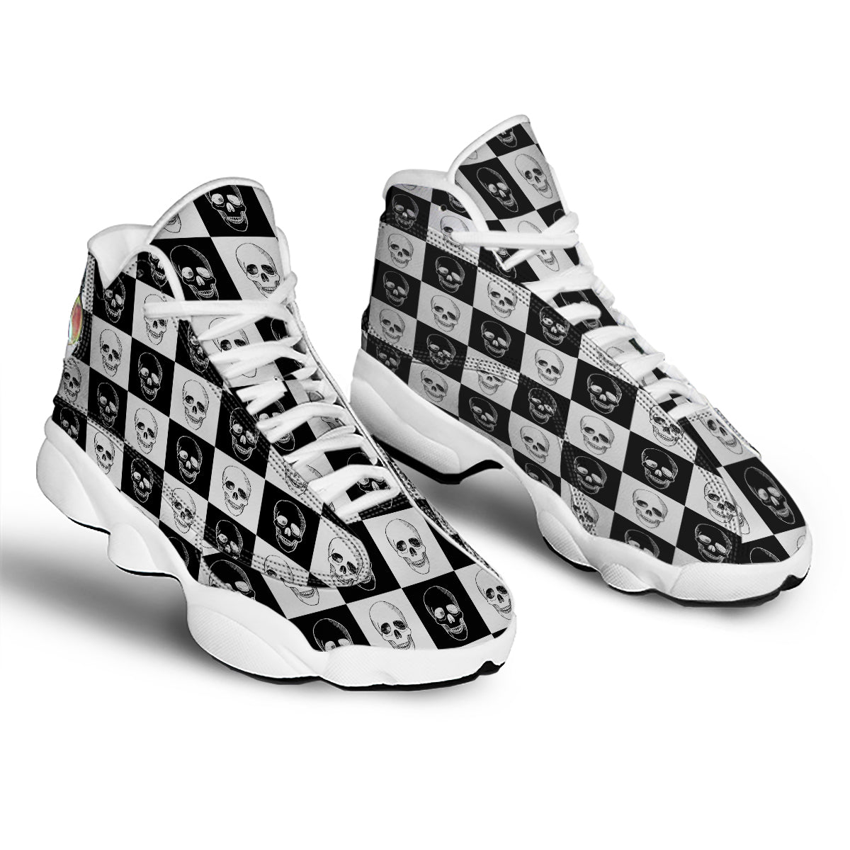 Skull Checkered Print Pattern White Basketball Shoes-grizzshop