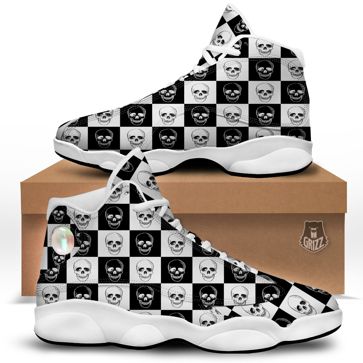 Skull Checkered Print Pattern White Basketball Shoes-grizzshop