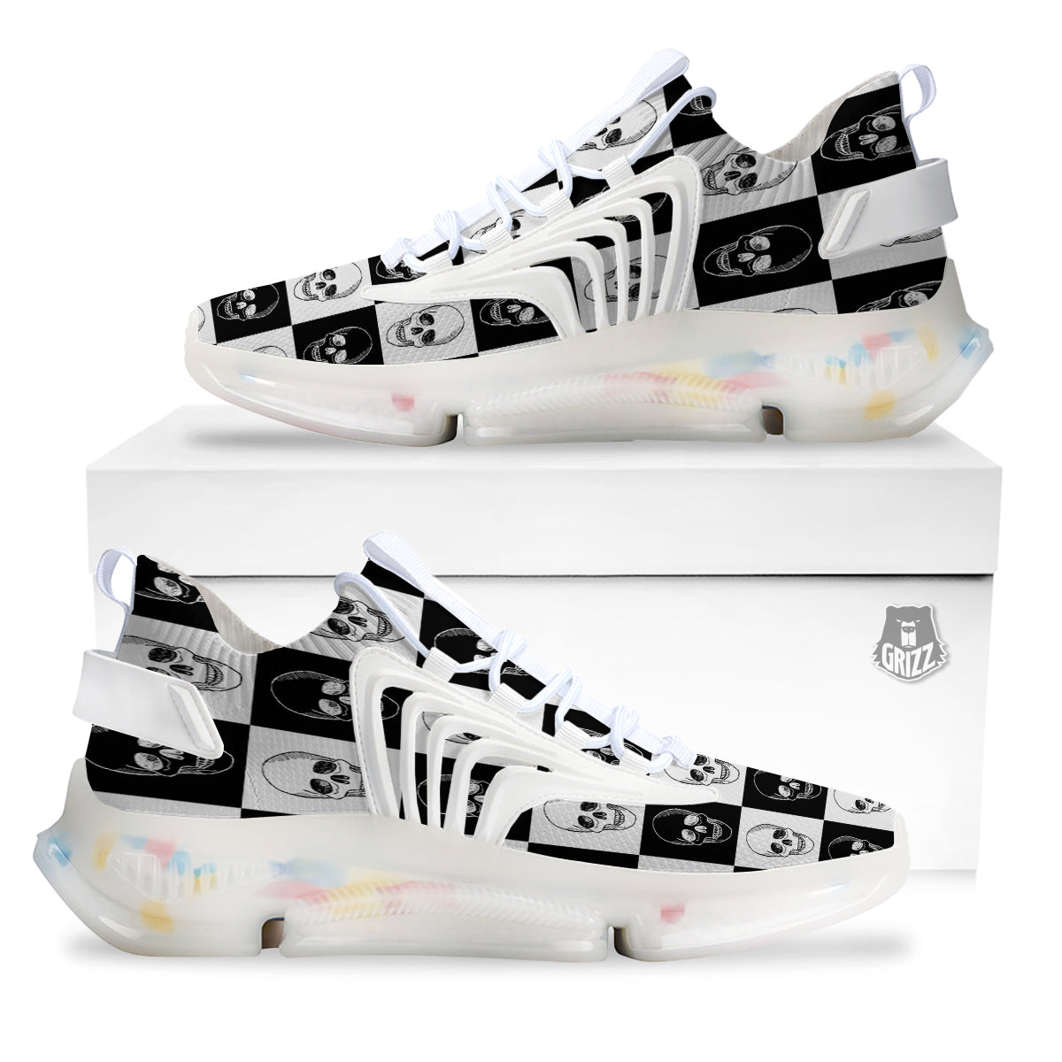 Skull Checkered Print Pattern White Gym Shoes-grizzshop