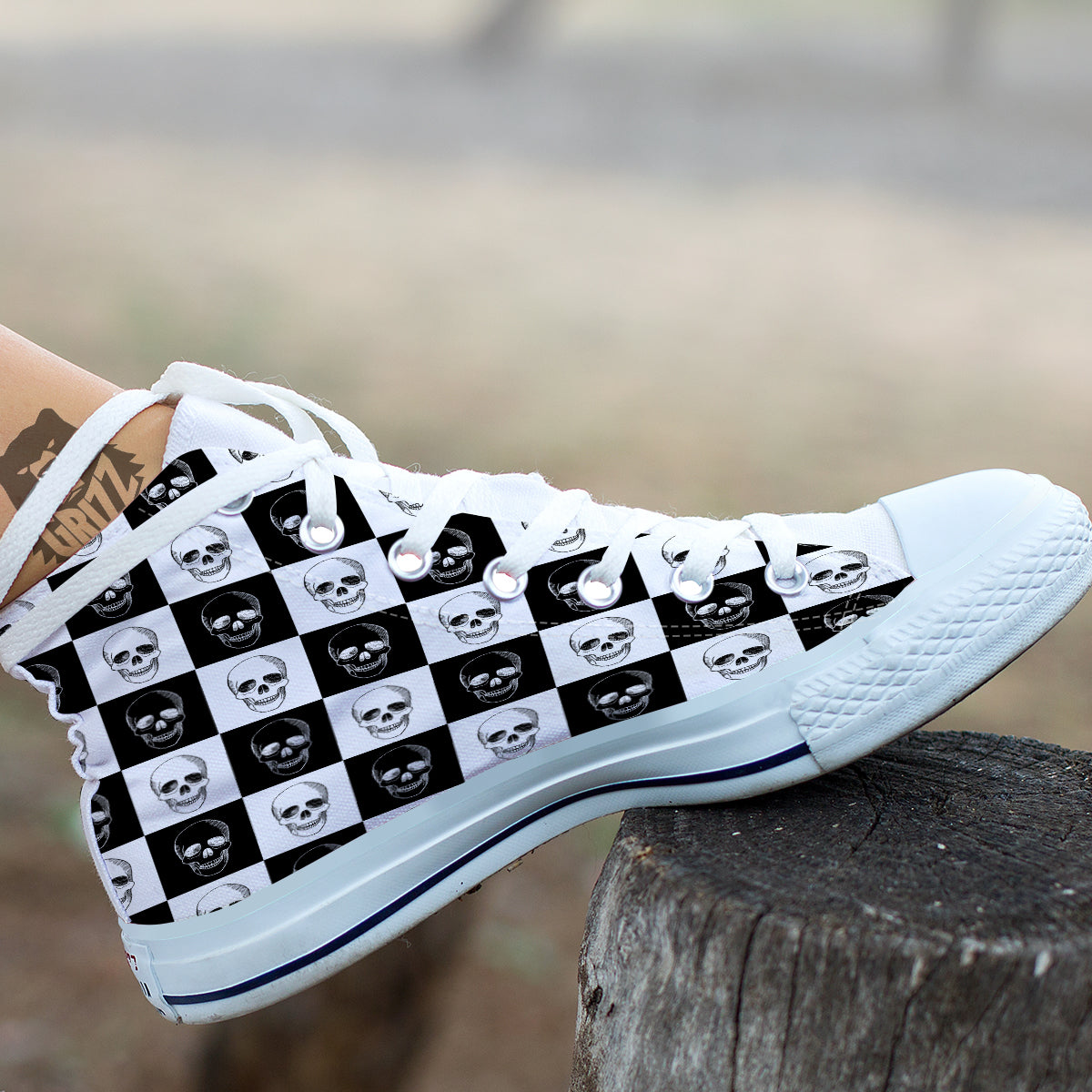 Skull Checkered Print Pattern White High Top Shoes-grizzshop