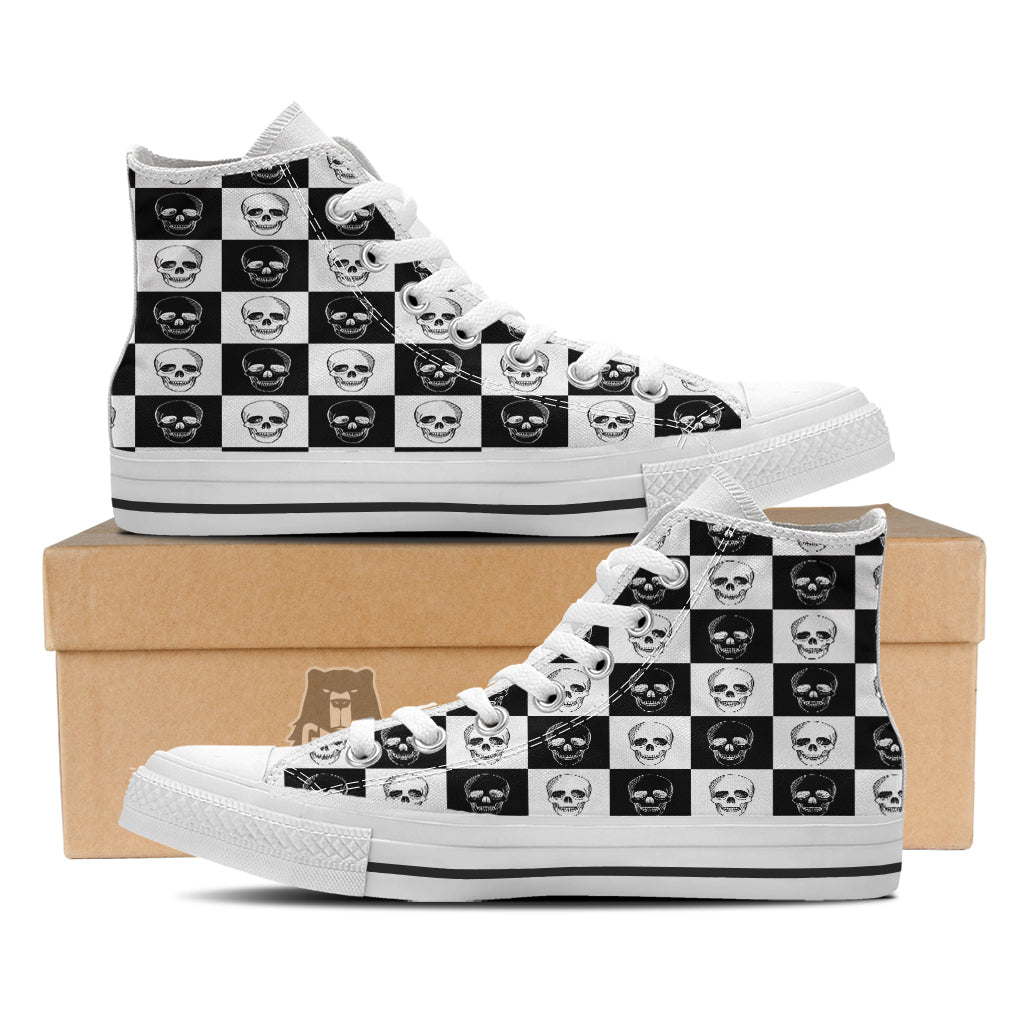 Skull Checkered Print Pattern White High Top Shoes-grizzshop